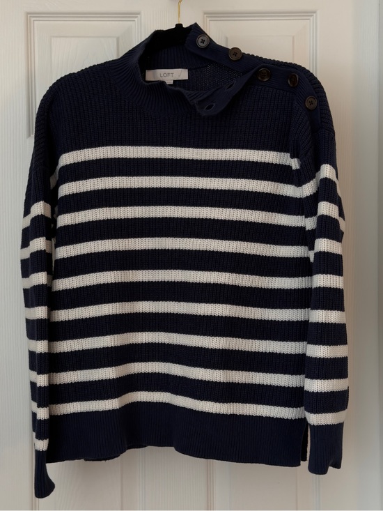 LOFT Tops - Loft striped summer sweater navy and white button neck mock neck long sleeve top